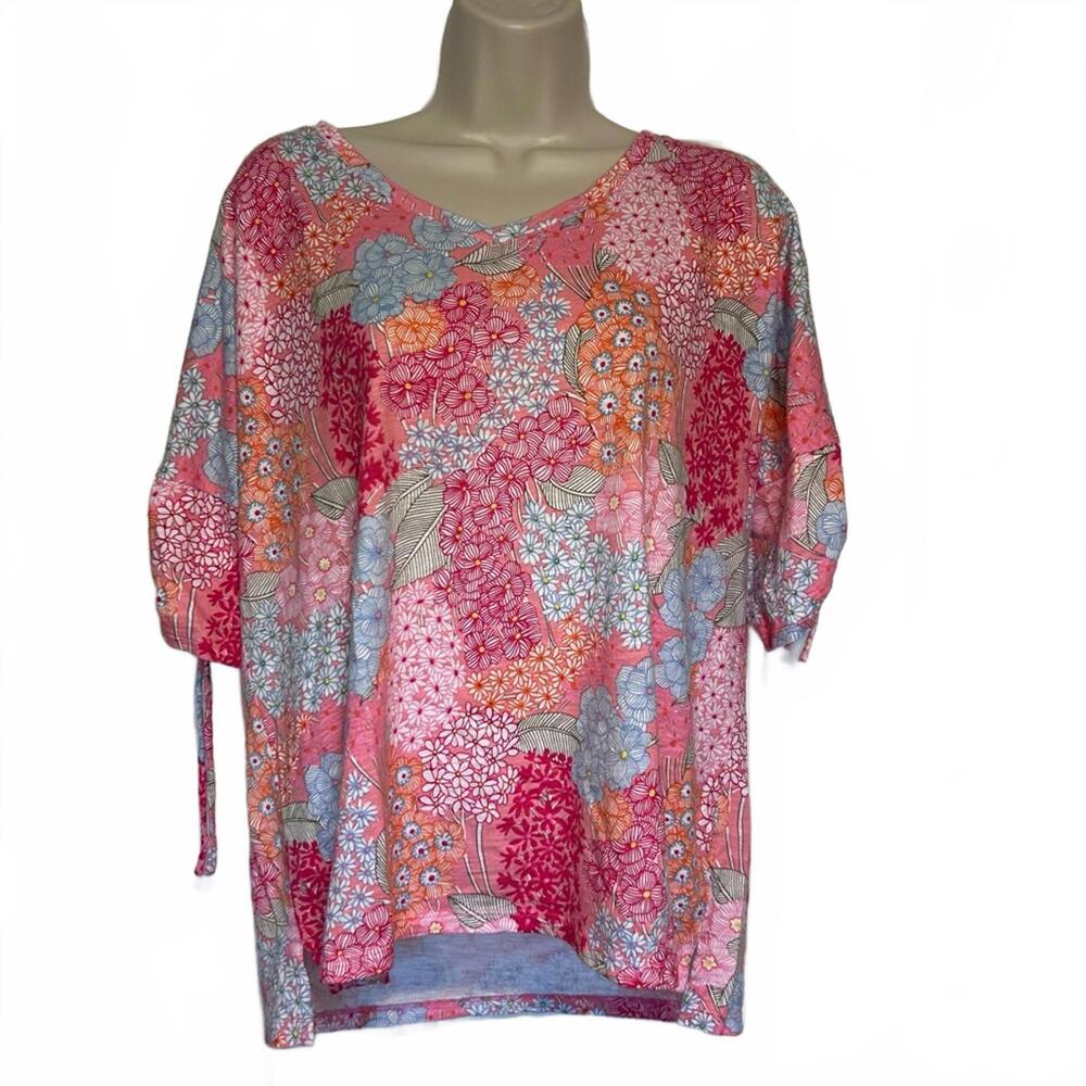 TALBOTS Cotton Modal Floral V-Neck Top w/ Ruched 1/2 Sleeve | Size Large Petite